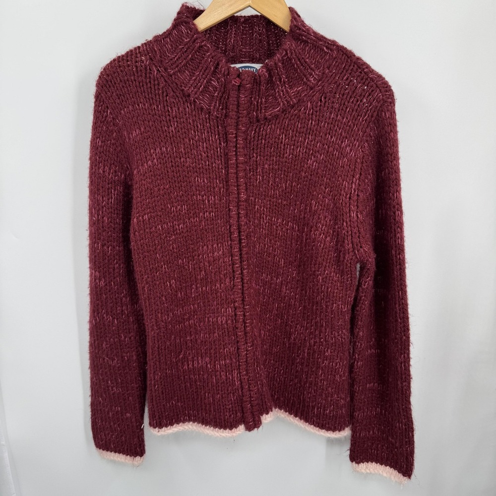 Old Navy Sweater Womens XL Burgundy Full Zip‎ Cardigan Angora Wool Chunky Knit